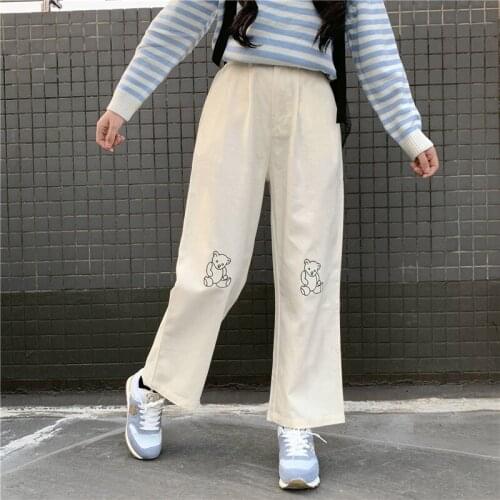 Women Harajuku Korean Teen Girls Loose Thin Bear Embroidery Pants Wild Casual Female Cute Japanese Kawaii Small Fresh Pants