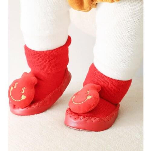 Baby Non Slip Leather Soles Sock Shoes Newborn Infant Girl Boy Winter Cotton Terry Thick Long Red Floor Socks First Walker Shoes
