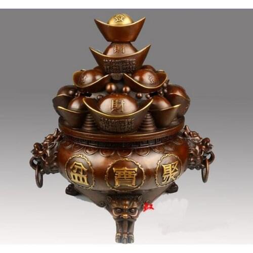 China Bronze Yuanbao Wealth Money Cornucopia Treasure bowl Incense Burner Censer