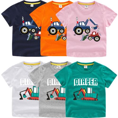 2021 Summer Unisex Excavator T-shirt Children Boys Short Sleeve Cartoon Print Tees Baby Kids Cotton Tops for Girls Clothes 1-10Y