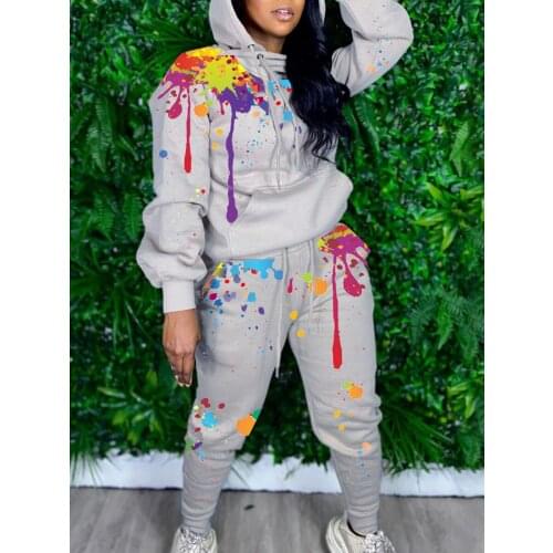 Ueteey New Fashion Two-piece Sportswear Hooded Collar Stylish Print Two Piece Pants Set