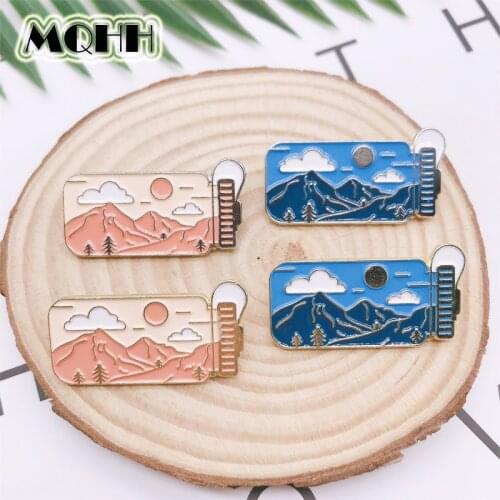 Cartoon Fun Outdoor Travel Water Cup Enamel Brooch Mountain Peak Sun Cloud Alloy Badge Sweet Cute Bag Clothes Pin Jewelry Gift