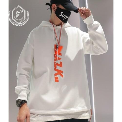 Men Fashion Loose Print Fleece Heavyweight Casual Pullover Hip Hop Sweatshirts with Hooded