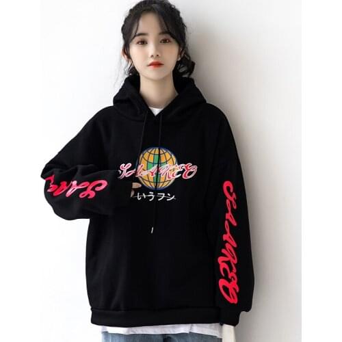 2021 Autumn And New Letter Hong Kong Style Sweatshirt Female Winter Thickened Fleece Hooded Student BF Wind Black Trendy