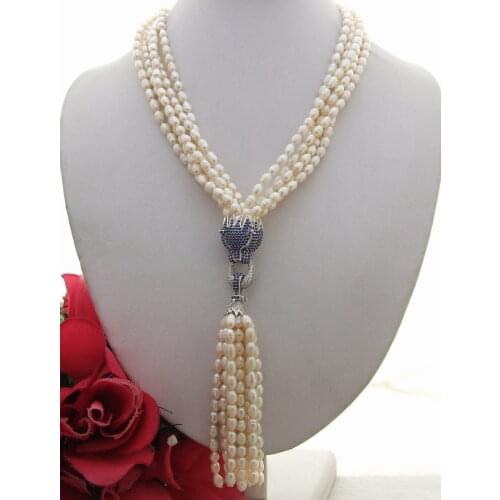 5Strds Pearl&Rhinestone Pendant Necklace>free shipping