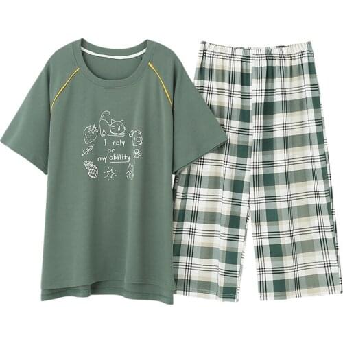 5XL Womens Pajamas Sets O-Neck Short Sleeve Plaid Loose Girls Sleepwear Summer Plus Size Pijamas Suit Home Clothes Femme M768