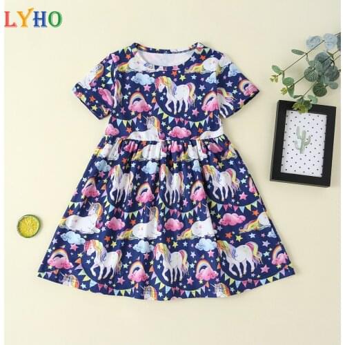 LYHO Girls Dress 2021 Summer Girls Clothes Spring Toddler Baby Kids Short Sleeve Unicorn Princess Dress for Girls Party Outfit