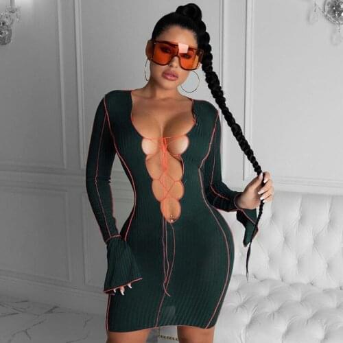 BKLD 2020 Autumn And Winter New Women Clothing Flare Sleeve Sexy V-Neck Bandage Lace Up Dress Slim Fashion Ladies Club Wear