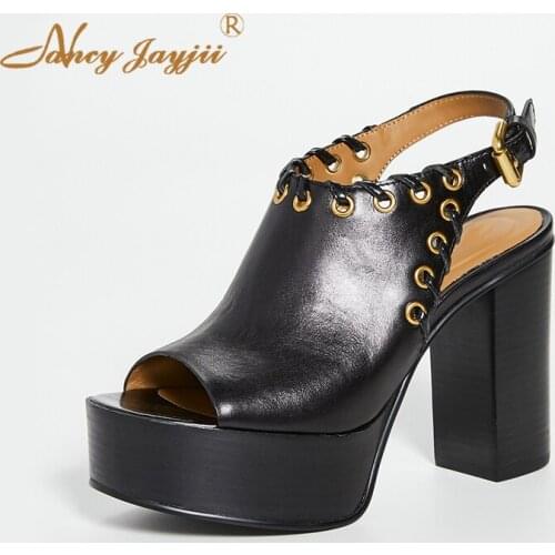 Peep-toe Slingback Pumps Black Chunky Square Heels Sandals High Platform Leisure Women Shoes Big Size 15/16 NANCYJAYJII 2020
