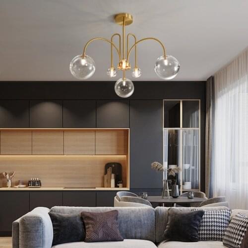 LED Nordic Light Luxury Copper Chandelier Simple Transparent Glass Living Room Dining Room Bedroom Hotel Decorative Lighting