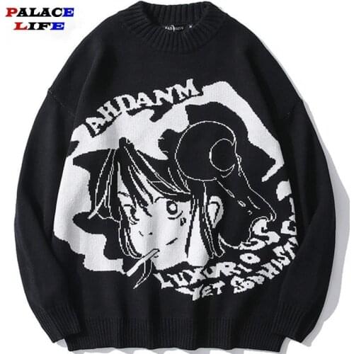 Hip Hop Harajuku Mens Sweater Japanese Anime Girl Pattern Casual Streetwear Women Sweater Cotton O-Neck Tops Oversized Pullover