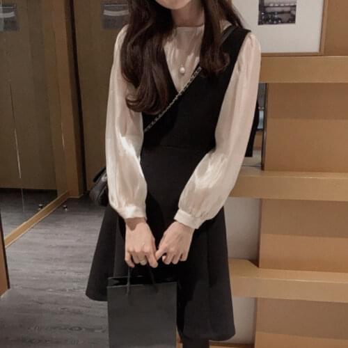 Loose O Neck Puff Long Sleeve Transparent Shirt Gloss Blouse Tops Sexy Casual Retro V Neck Black Dress Tank Fashion Autumn