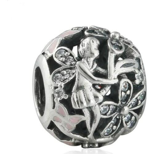 Spring 925 Sterling Silver Dazzling Daisy Fairy with Light Pink Enamel and Clear Cz Charm Fit Original Brand Bracelet