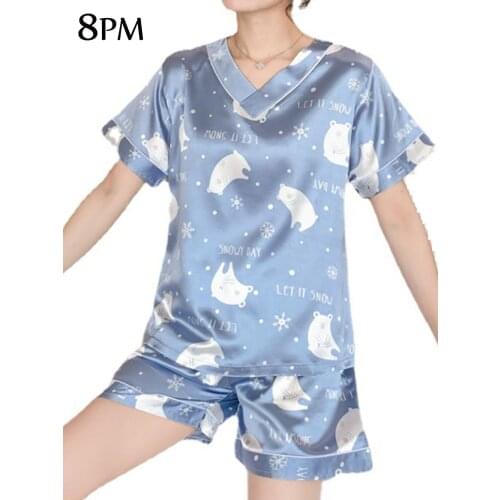Woman Stain Silk Sleepwear Summer Short Sleeve Suit Pyjamas Girl Students Cute Loose V-neck Homewear Cartoon Pajamas ouc1096