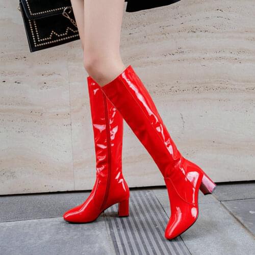 Winter Autumn Patent PU Leather Glossy Woman Boots Square High Heels Red White Black Women Knee High Boots Zipper Booties