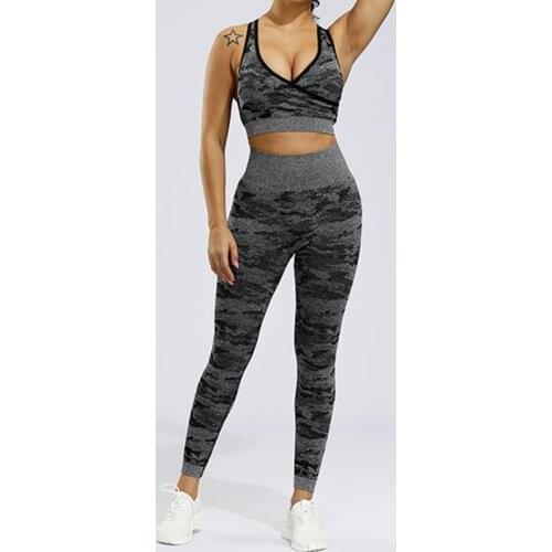 LANTECH Women Sports Suits Set Yoga Sets Gym Fitness Camo Athletic Pants Sportswear Leggings Bra Seamless Sports Active