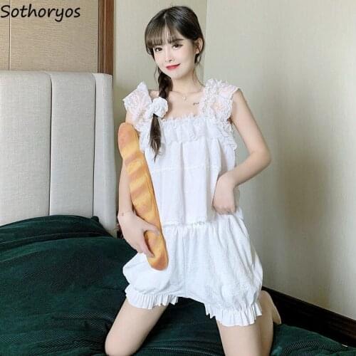 Solid Pajama Sets Women Lace Sleeveless Tops Ruffles Shorts Kawaii Cozy Teenagers Sleepwear Breathable Trendy Females Lounge Hot