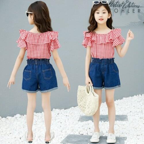 IENENS Short Sleeves Clothing Sets Kids Plaid Tops + Jeans Shorts Fit 4-13 Years Children Cotton Outfit Girl Summer Clothes Suit