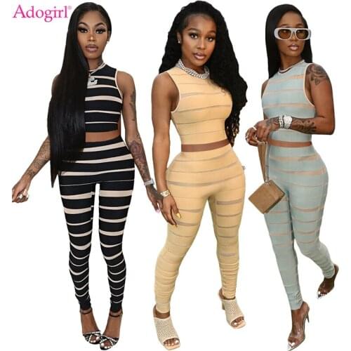 Adogirl Striped Womens Tracksuit Fashion Casual Two Piece Set Sleeveless Vest Crop Tops Pencil Pants Female Clothing Suit