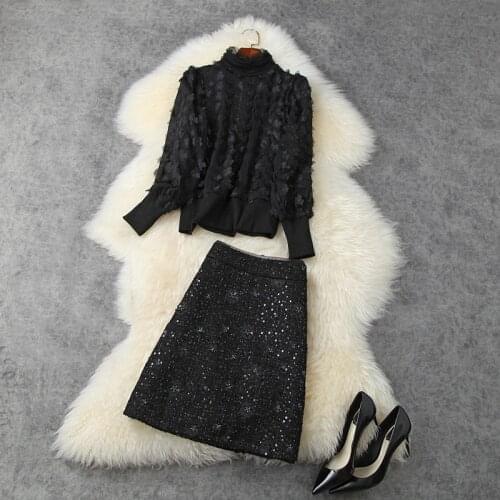 Newest HIGH QUALITY 2021 Designer Runway Suit Set Womens Flowers Appliques Turtle Neck Tops Tweed Skirt Set