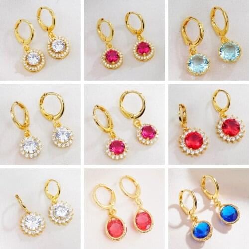 30 Styles Trendy Round Shaped Cubic Zirconia Dangle Drop Rings for Women Gold Color Simple Dazzling Female Jewelry