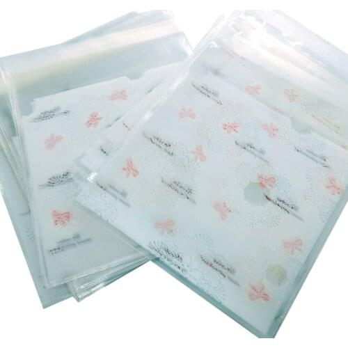 100pcs/lot 10*10cm Pink Bow Snowflake Gift Bags cookie bread gift self adhesive Packing Bag New Year Favors Gifts Supplies