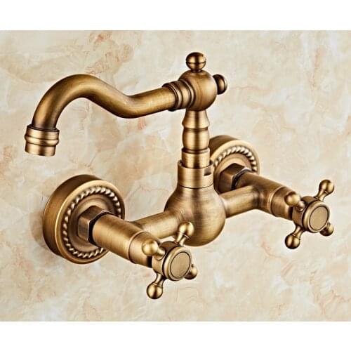 Antique Brass Wall Mounted Dual Cross Handles Swivel Kitchen Bathroom Sink Basin Faucet Mixer Tap atf006
