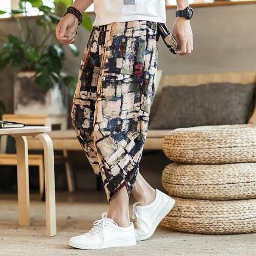Sinicism Store Mens Cotton Linen Pants Male Summer Casual Ankle-Length Pants Man 2019 Pattern Print Baggy Loose Trousers