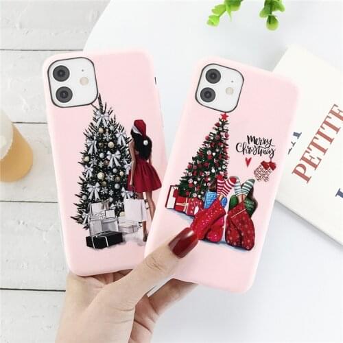 Cute Cartoon Christmas Lovely Deer Tree Gift Phone Case For iPhone 12 11 Pro Max 7 8 6S Plus XR X Xs SE 2020 Pink Back Cover