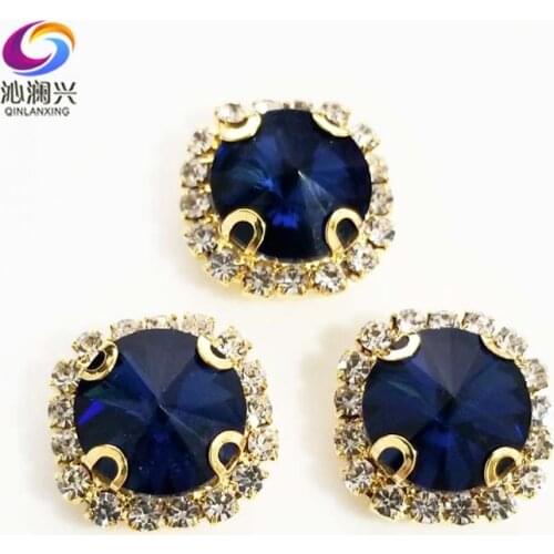 Ink blue Round shape top glass crystal rhinestones with hole,golden bottom sew on stone for Diy Clothing accessories