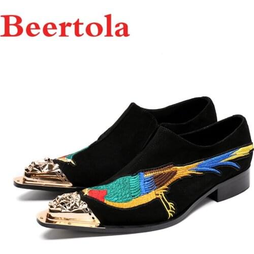 Cow Suede Black Shoes Men Embroider Kingfisher Gold Head High Quality Flat Men Shoes Slip On Wedding Shoes Big Size Tenis Hombre