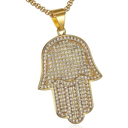 Hip Hop Gold Micro Pave Full Rhinestone Bling Hamsa Hand Fatima Palm Pendants Titanium Stainless Steel Necklaces for Men Jewelry