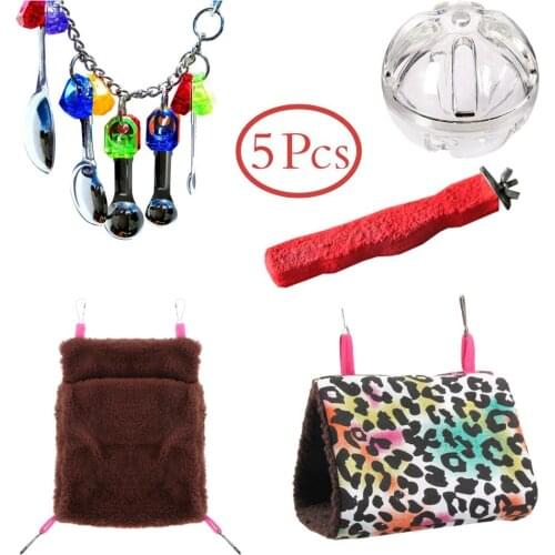 Pet Bird Parrot Toys with Hanging Chain and Perch and Sleep bag and hammock and Ball toys Total 5 pcs a set BT053