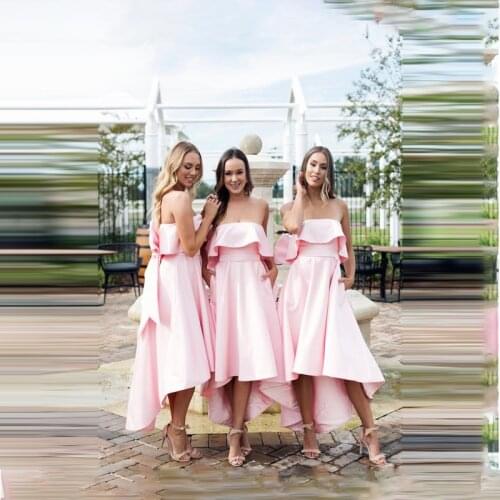 MYYBLE Beautiful Pink Bridesmaid Dresses High Low Big Knot Back Off The Shoulder Boat Neck Maid Of Honor Party Dresses 2020