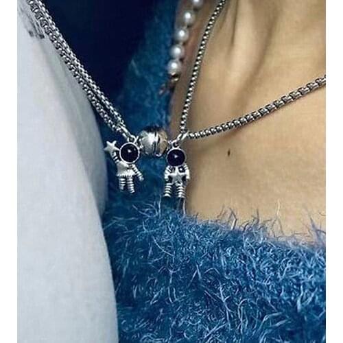 Cute Astronauts Magnet Attraction Pendant Couple Necklace Friendship Jewelry Creative Cool Chain Necklaces for Women Men Gift