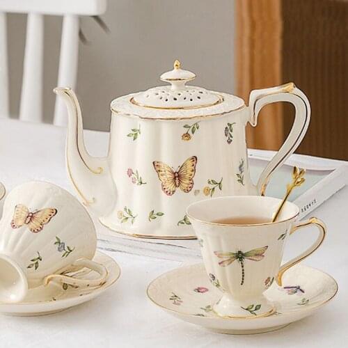 European insect pattern ceramic coffee cup and saucer set with spoon retro