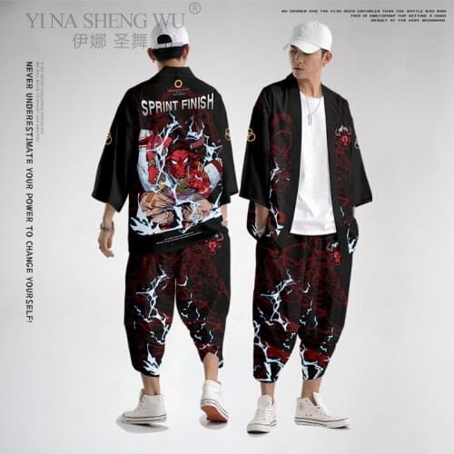 New Japanese Style Harajuku Wide Trousers Lightning Pattern Samurai Man Haori Cardigan Jacket Loose Style Sunscreen Tops Yukata