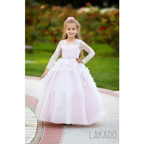 4-12 Years Butterflies Flower Girl Dress Girls Pageant Gown Lace applique Long Sleeve Kids Formal Dress