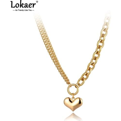 Lokaer Fashion Goth Stainless Steel Lovely Heart Charm Pendant Necklaces Bohemia Party Chain & Link Necklace For Women N21125