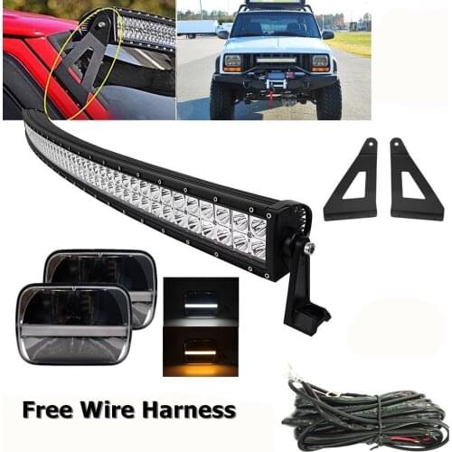 Pair 7x6 White Amber DRL Led Headlight + 50" 288W Curved Led Light Bar + Upper Windshield Mount Bracket For Jeep Cherokee XJ