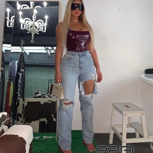 2 Colors Black And Blue Self-Retaining Large Damage Rough Edges And Holes Heavy Washed High Waist Small Straight Denim Trousers