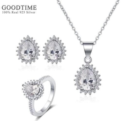 Luxury 925 Sterling Silver Bridal Jewelry Sets Waterdrop Rhinestone Zircon Necklace Earrings Ring Gift For Women Wedding Party