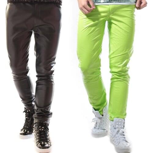 Stage personality men leather pants casual pant men pu trousers singer dance rock fashion pantalon homme punk novelty candy neon