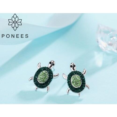PONEES Simple Nice Female Turtle Tortoise Earrings With Green Crystals Stud Earrings For Women Girl Kids Cute Animal Jewelry