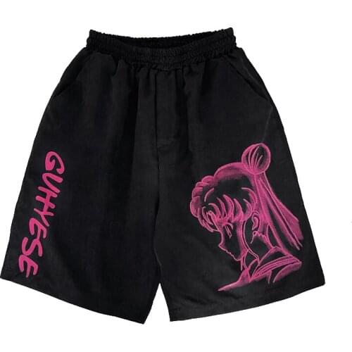 Harajuku Cartoon Anime Print Shorts Women Summer Knee Pants Female Loose Elastic Waist Five Point Pants Casual Man Shorts