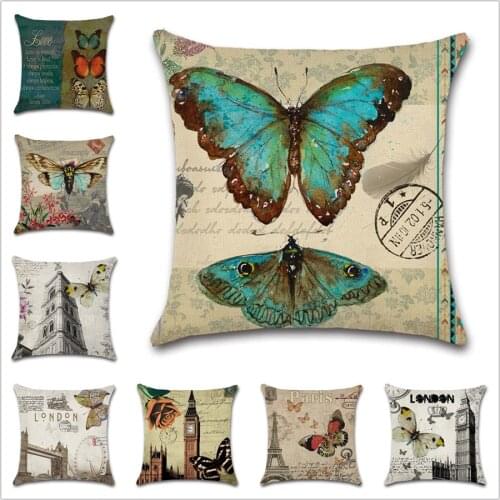Vintage decorative painting butterfly building Cushion Cover Home sofa chair car seat kids room gift friend present pillowcase