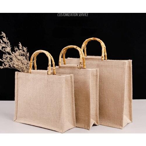 Women Portable Burlap Jute Shopping Bag Handbag Waterproof Reusable Bamboo Loop Handles Storage Tote Grocery Bags