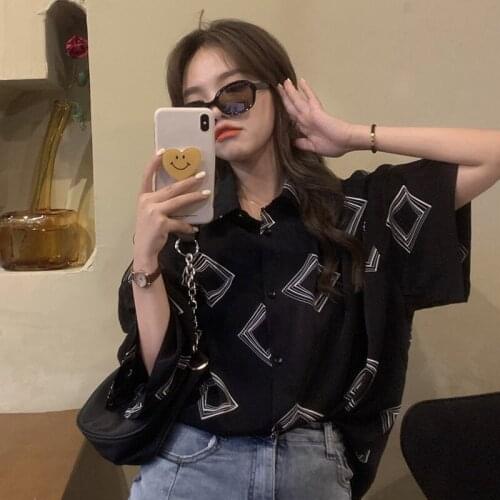 2021 Summer Oversize Geometric Print Womens Shirt Chiffon Blouse Short Sleeve Ladies Tops Plus Size Button Up Female Clothing