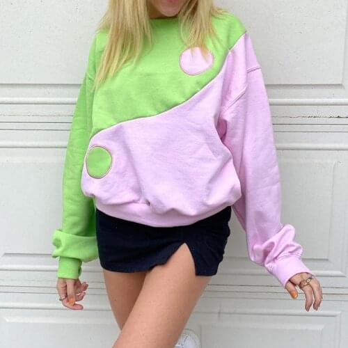 Harajuku Vintage Patchwork Loose Sweatshirt Women Y2K Aesthetic Autumn Pullover Tops Contrast Color Sweatshirts 2021