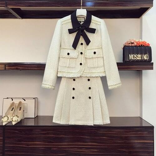 New Small Fragrant Fall Winter Tweed Woolen Skirt Suits Women Lapel Bow Tie-Up Pocket Jacket Coat+A Line Skirts Lady 2PCS Set